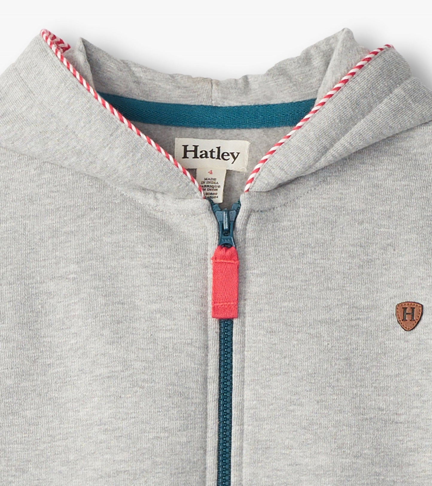 Grey zip-up hoodie with a red zipper pull and contrasting blue inner hood, designed for boys.