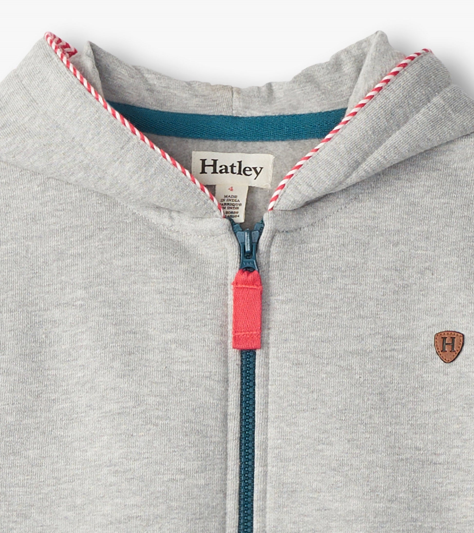 Grey zip-up hoodie with a red zipper pull and contrasting blue inner hood, designed for boys.