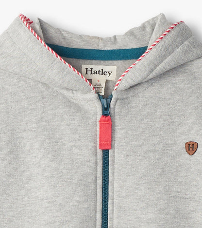 Grey zip-up hoodie with a red zipper pull and contrasting blue inner hood, designed for boys.