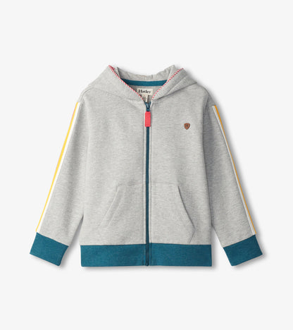 Grey zip-up hoodie with a hood, featuring yellow and blue stripes on the sleeves and front pockets.