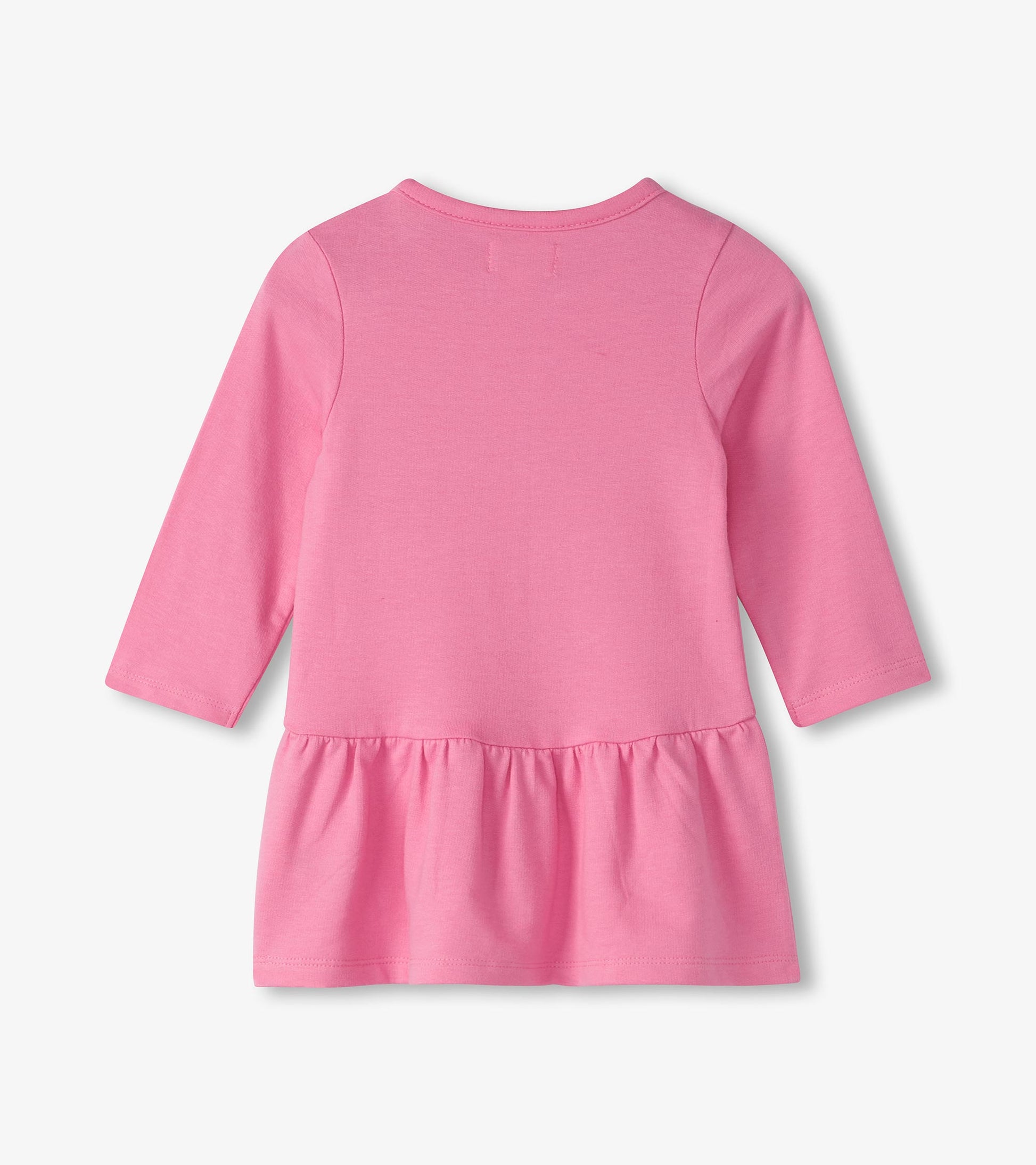 Pink long-sleeve toddler dress with a gathered flounce skirt, shown from the back