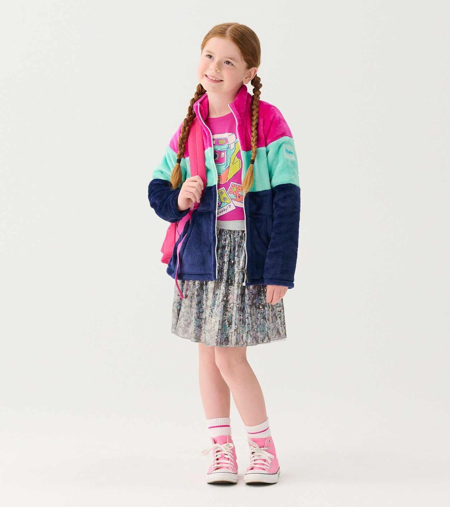 Girls Colourblock Stripes Fuzzy Fleece Zip-Up Jacket