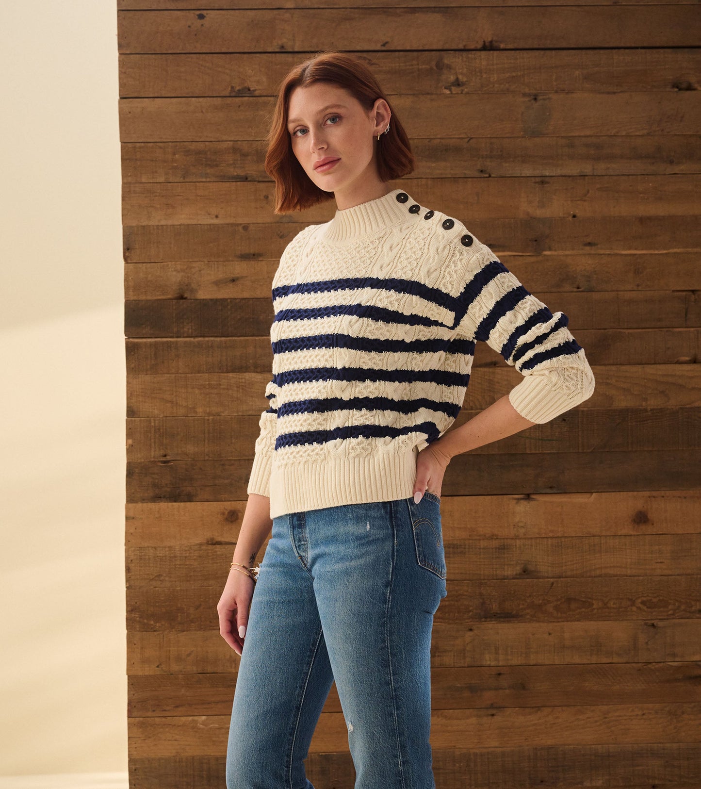 Button Neck Sweater - French Stripe