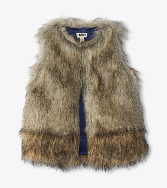 Faux fur vest in shades of brown with a soft texture, featuring a sleeveless design and open front.