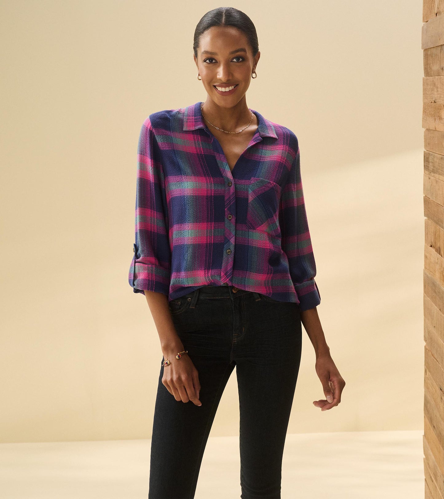 Lila Button Down - Fuchsia Plaid