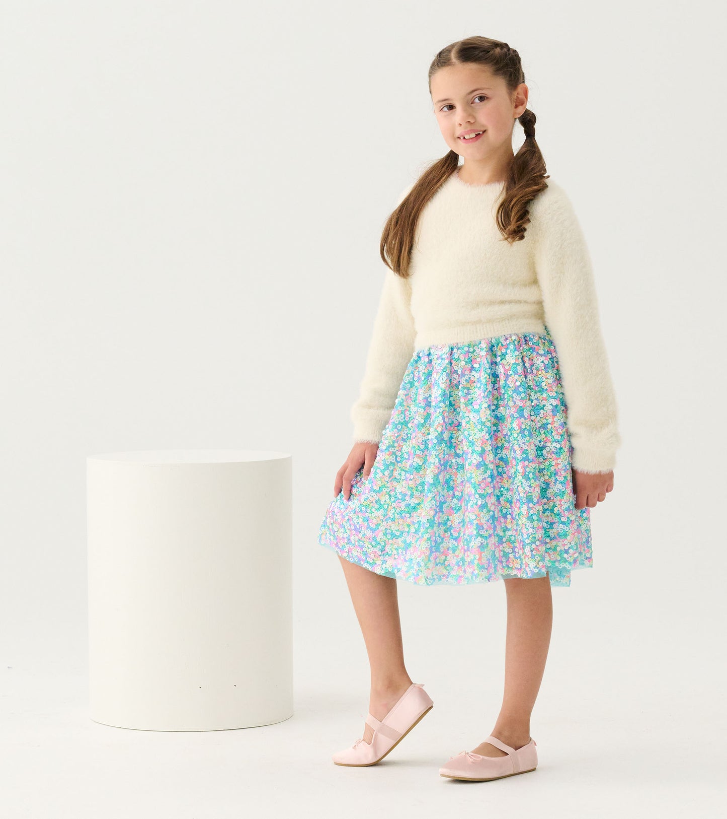 Girls Cami Lace Fuzzy Mixed Sequin Skirt Dress