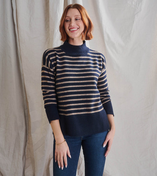 Mock Neck Tunic - Navy Taupe Stripes