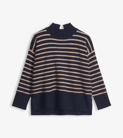 Mock Neck Tunic - Navy Taupe Stripes