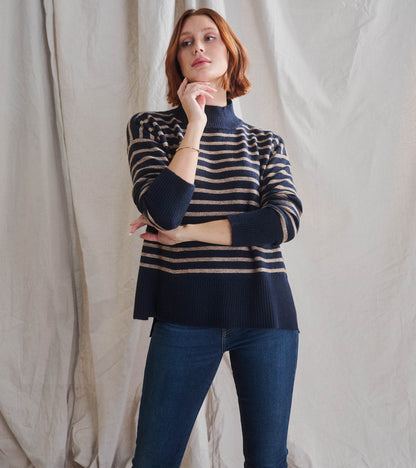 Mock Neck Tunic - Navy Taupe Stripes