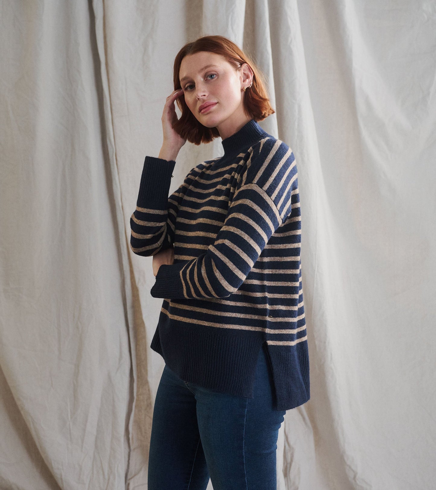 Mock Neck Tunic - Navy Taupe Stripes