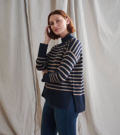 Mock Neck Tunic - Navy Taupe Stripes