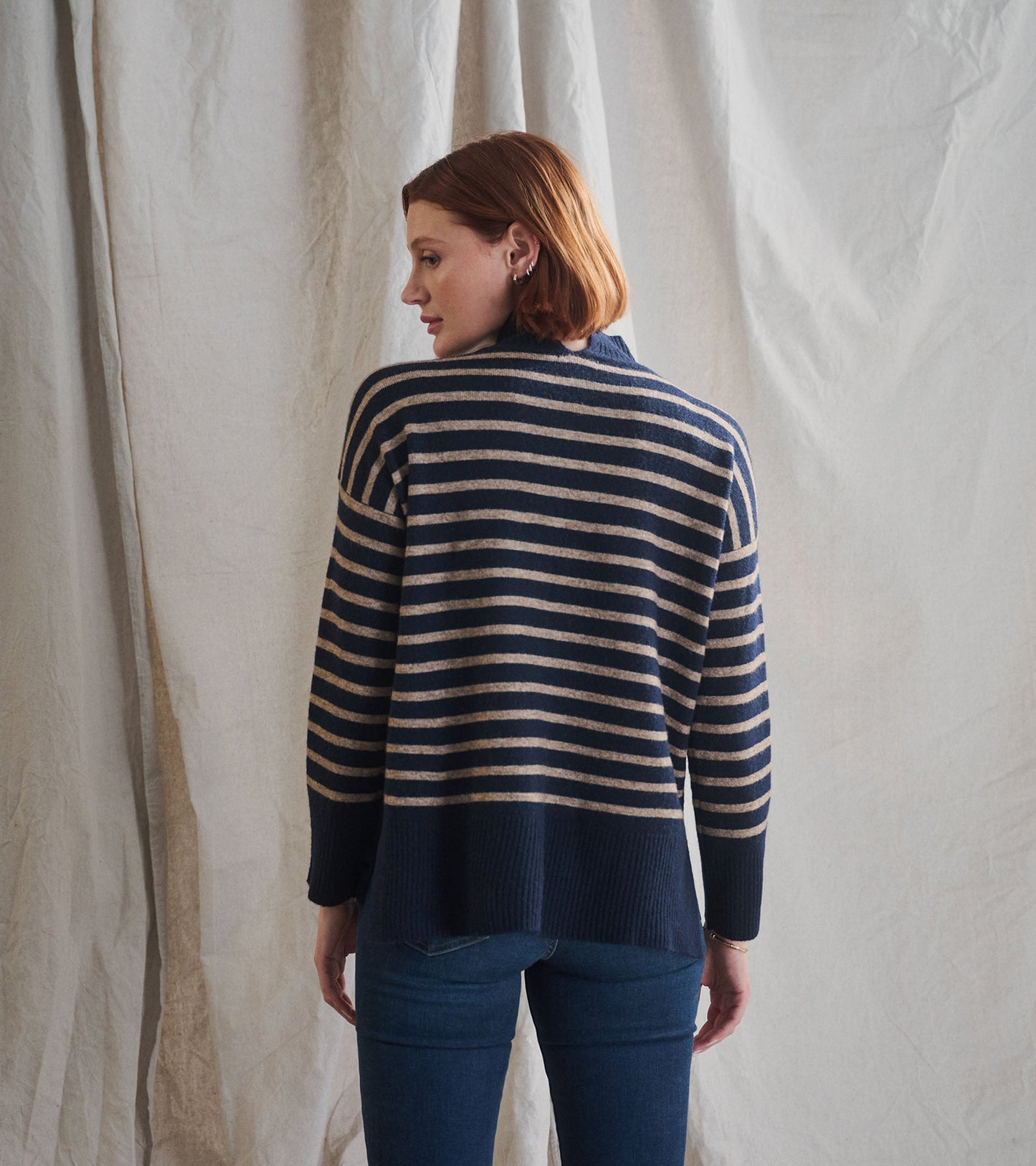 Mock Neck Tunic - Navy Taupe Stripes