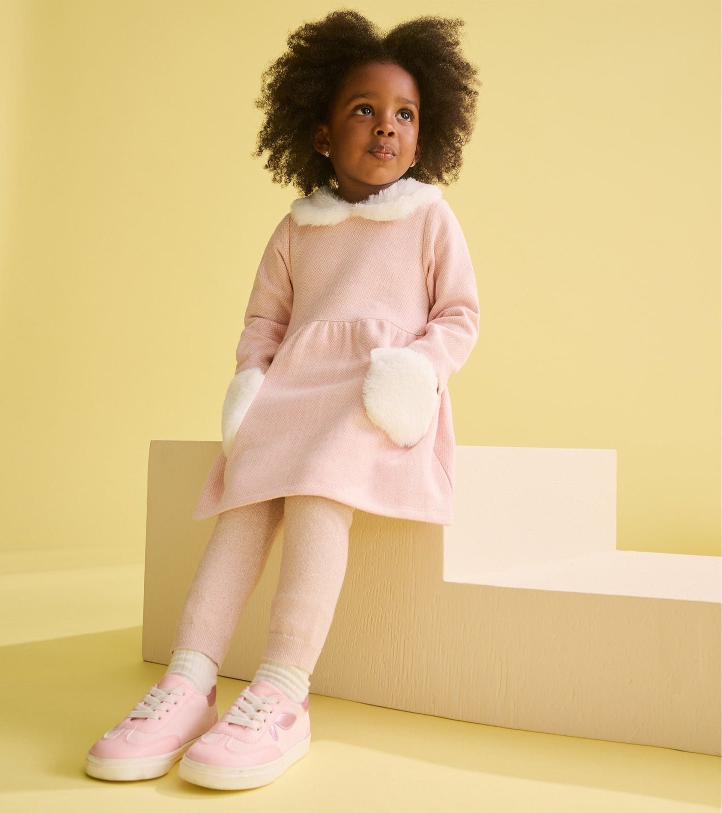 Baby & Toddler Girls Rose Elegance Herringbone Fur Trim Dress