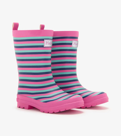 Girls Rose Violet Stripes Matte Rain Boots