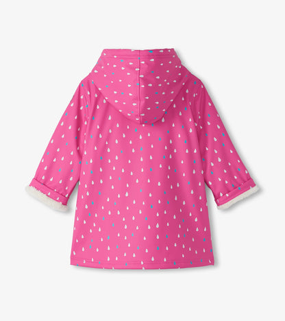 Girls Tiny Dots Sherpa Lined Button-Up Color Changing Rain Jacket