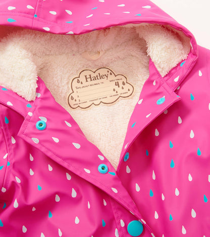 Girls Tiny Dots Sherpa Lined Button-Up Color Changing Rain Jacket