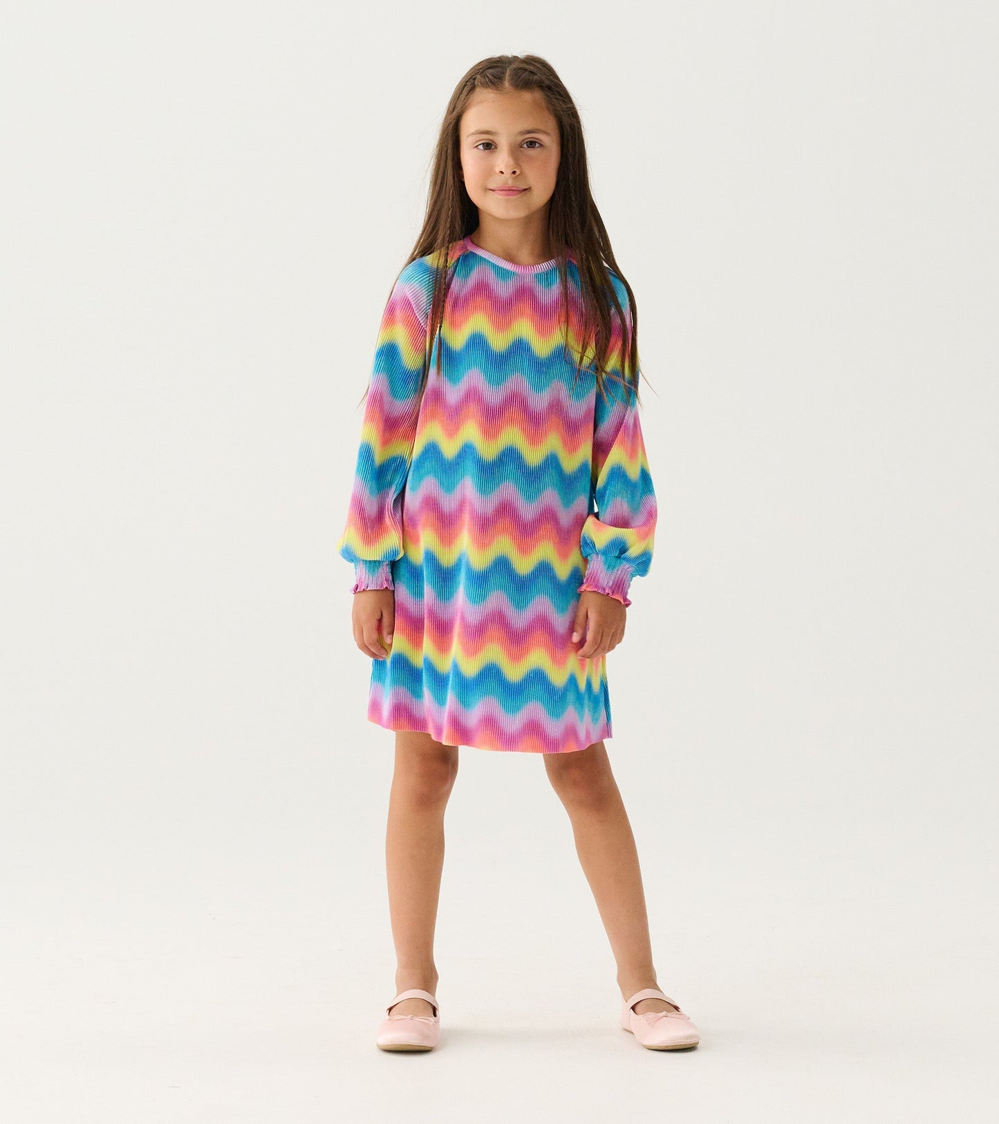 Girls Rainbow Wave Pleated A-Line Dress