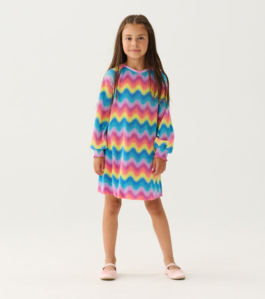 Girls Rainbow Wave Pleated A-Line Dress