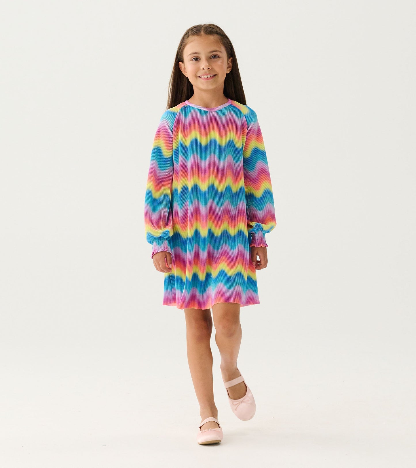 Girls Rainbow Wave Pleated A-Line Dress