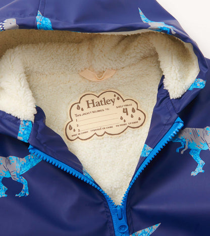 Boys T-Rex Attack Sherpa Lined Zip-Up Rain Jacket