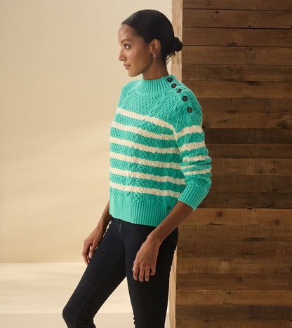 Button Neck Sweater - Turquoise Stripes