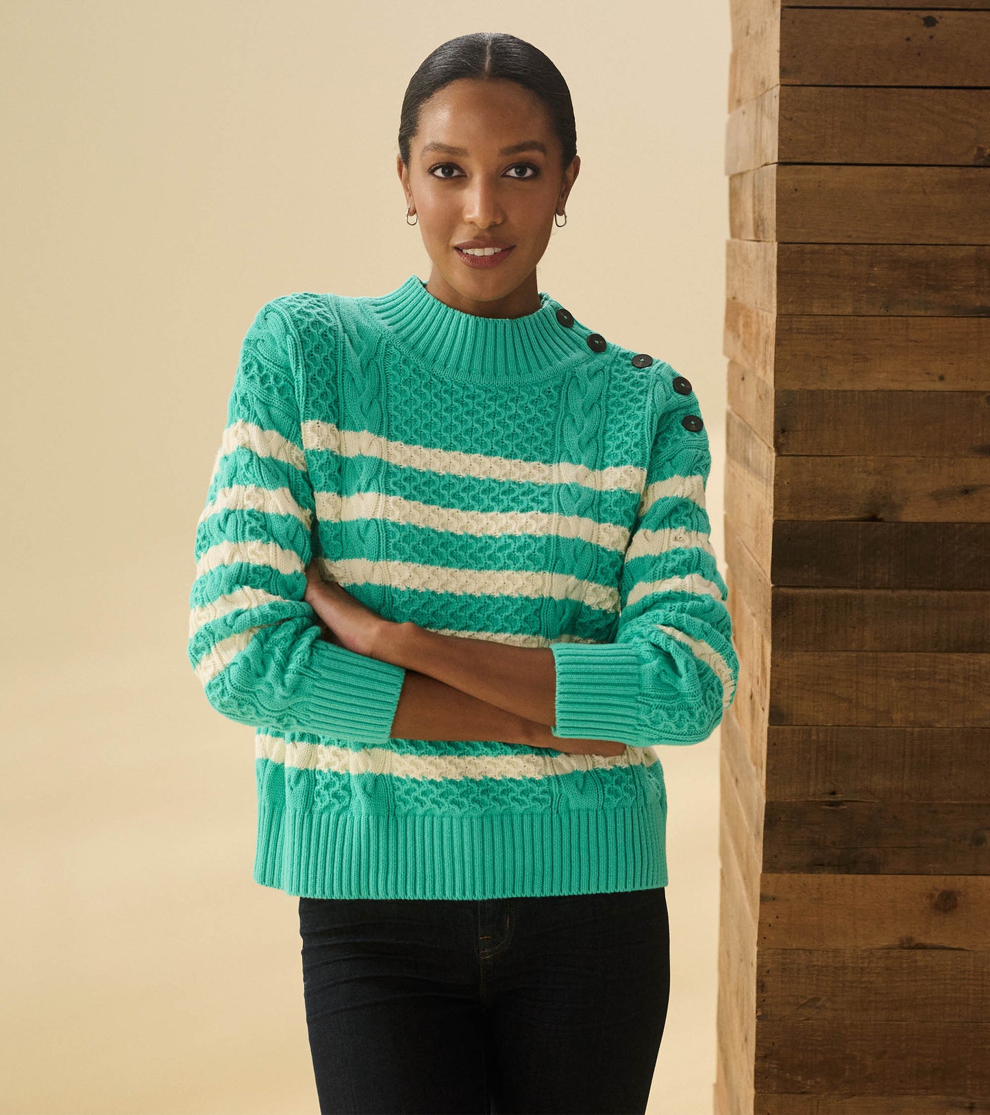 Button Neck Sweater - Turquoise Stripes