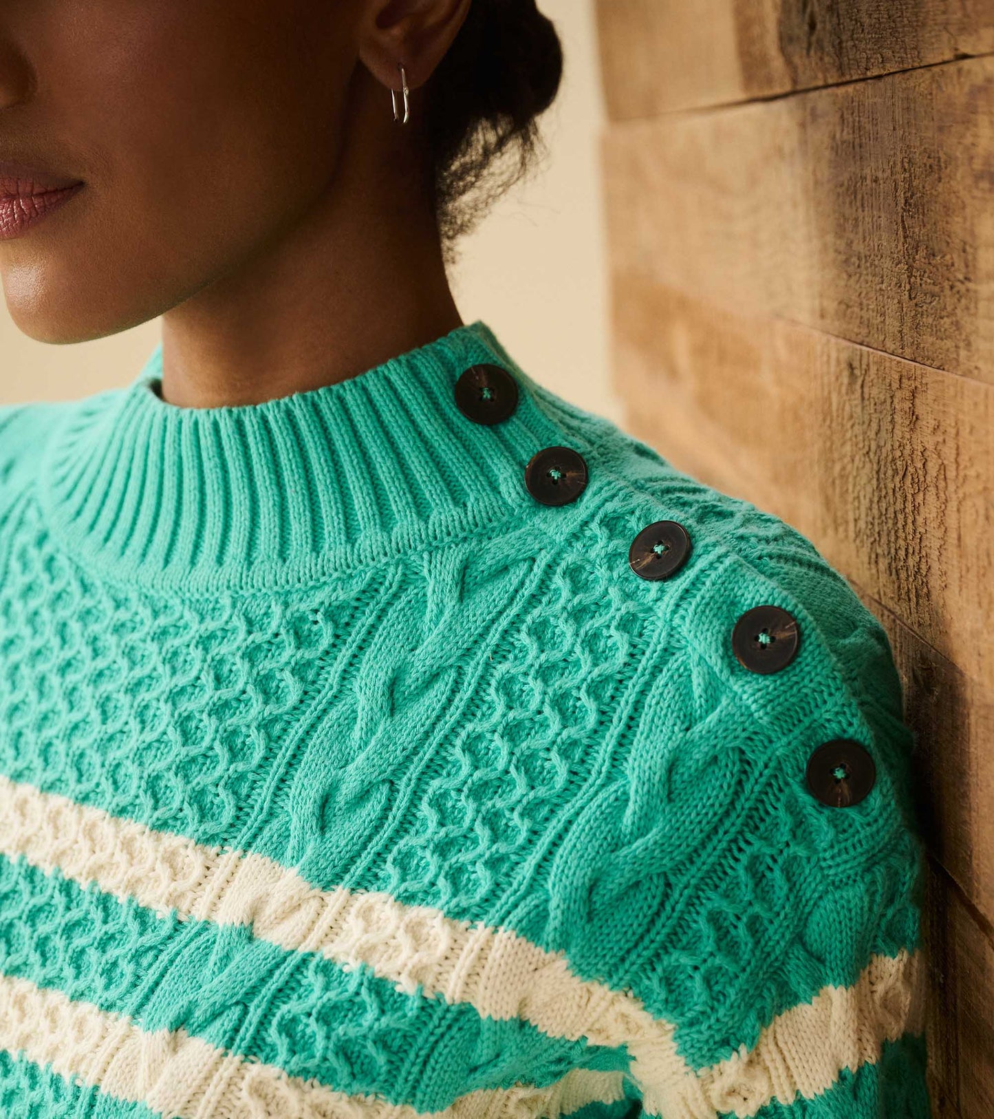 Button Neck Sweater - Turquoise Stripes