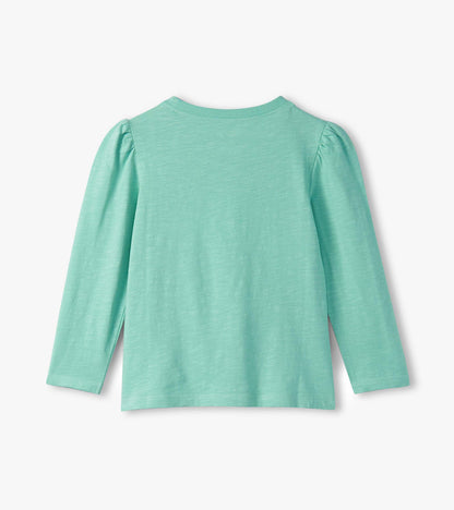 Mint green long-sleeve tee with fluffy puff sleeves and a relaxed fit, showcasing a soft, lightweight fabric.