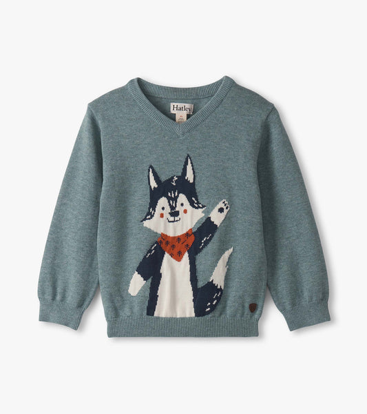 V-neck sweater in teal featuring a friendly wolf design with a red scarf, ideal for baby and toddler boys.