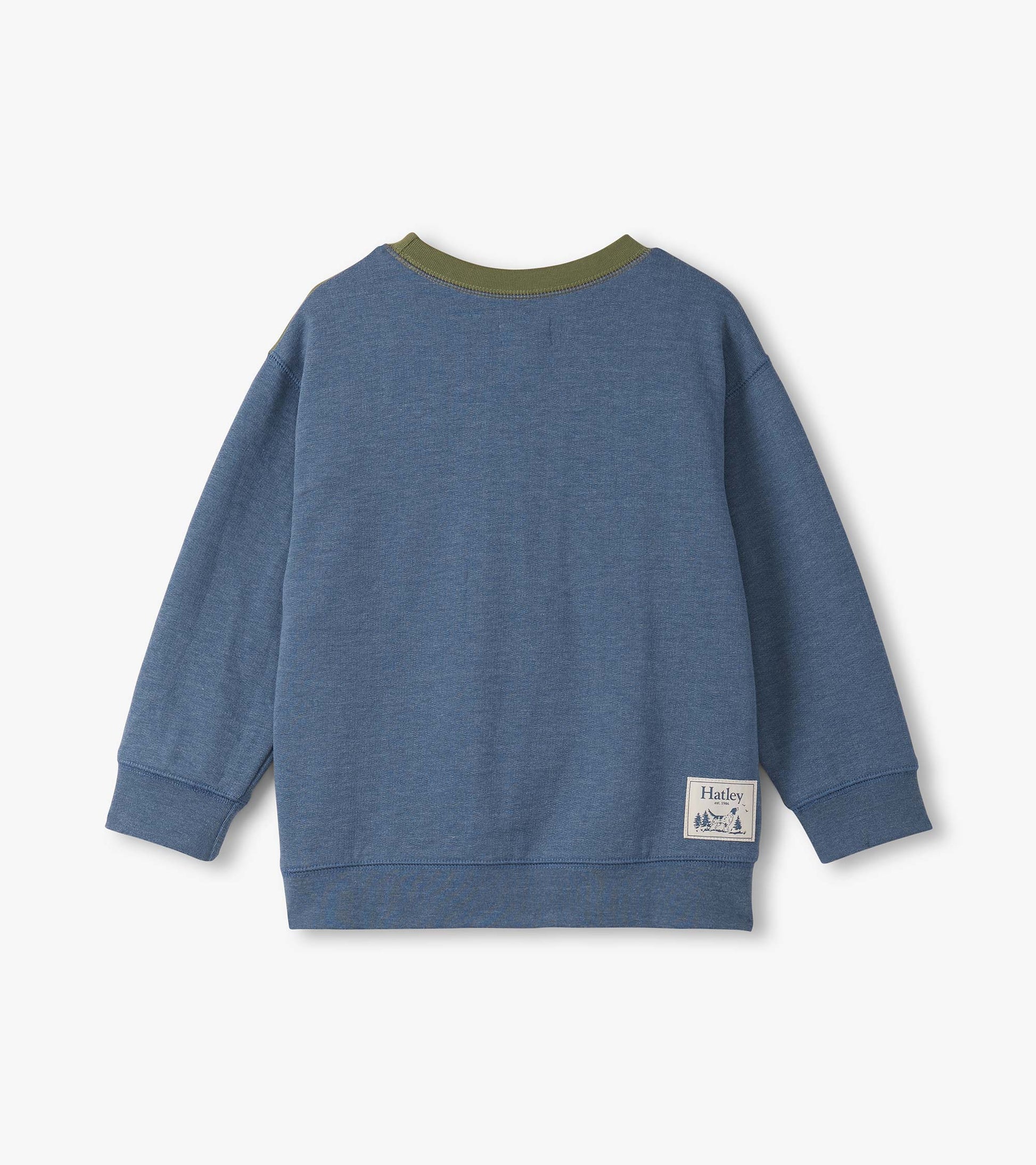 Blue colour block sweatshirt with long sleeves and a green collar, featuring a small logo patch at the bottom.