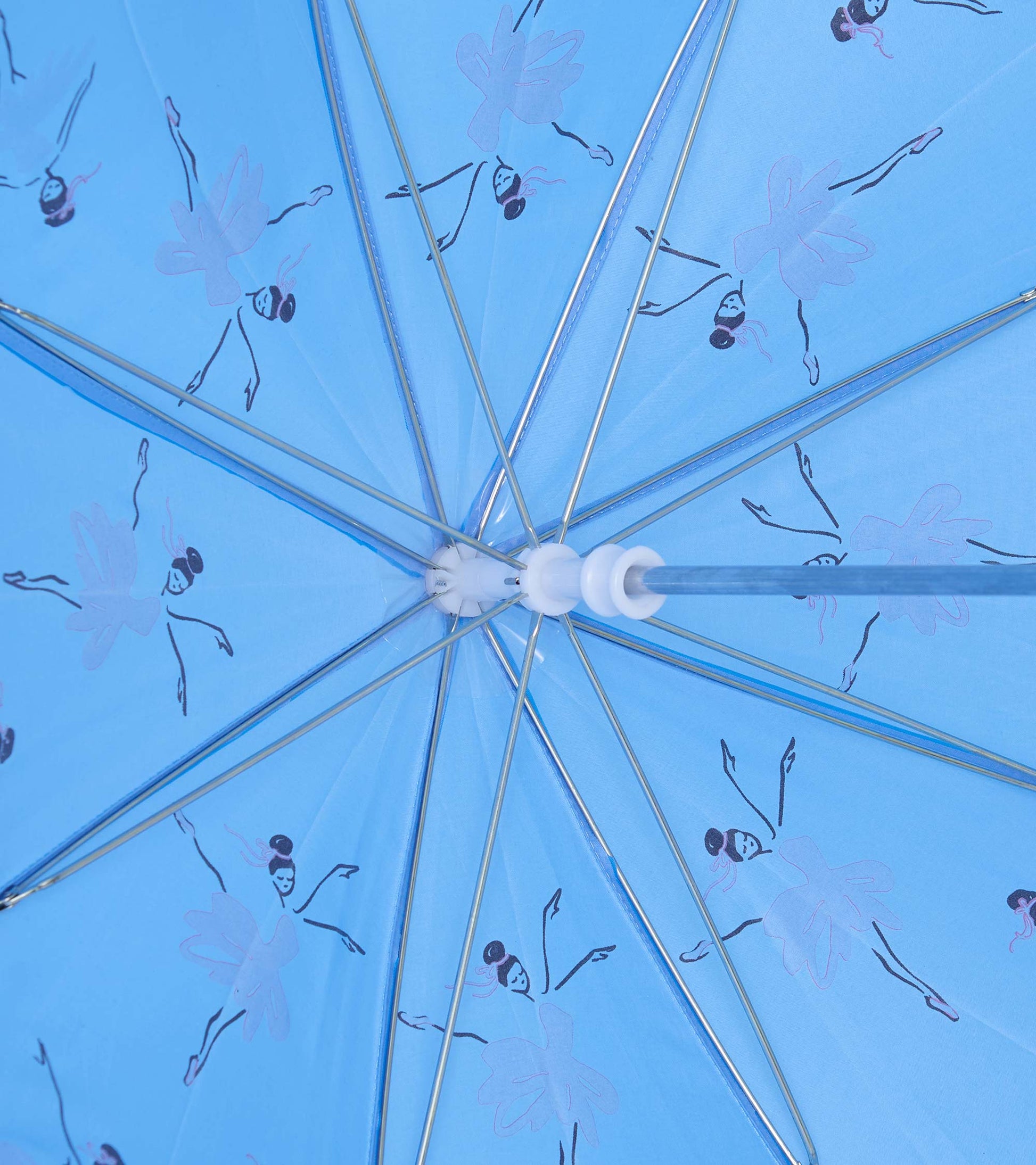 Light blue umbrella featuring ballet dancer prints, designed for girls, with a curved handle and metal frame.