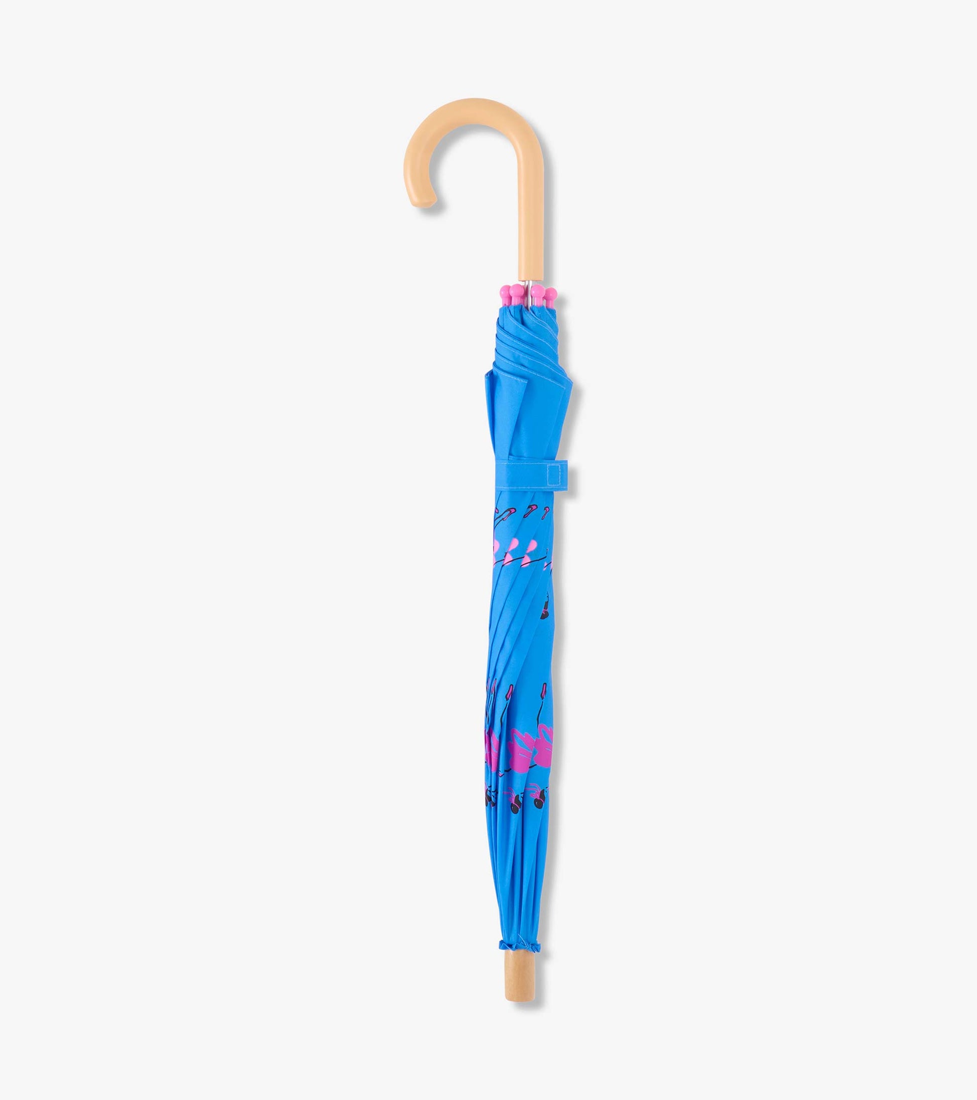 Blue umbrella with pink flamingo pattern and a wooden hook handle, designed for girls.