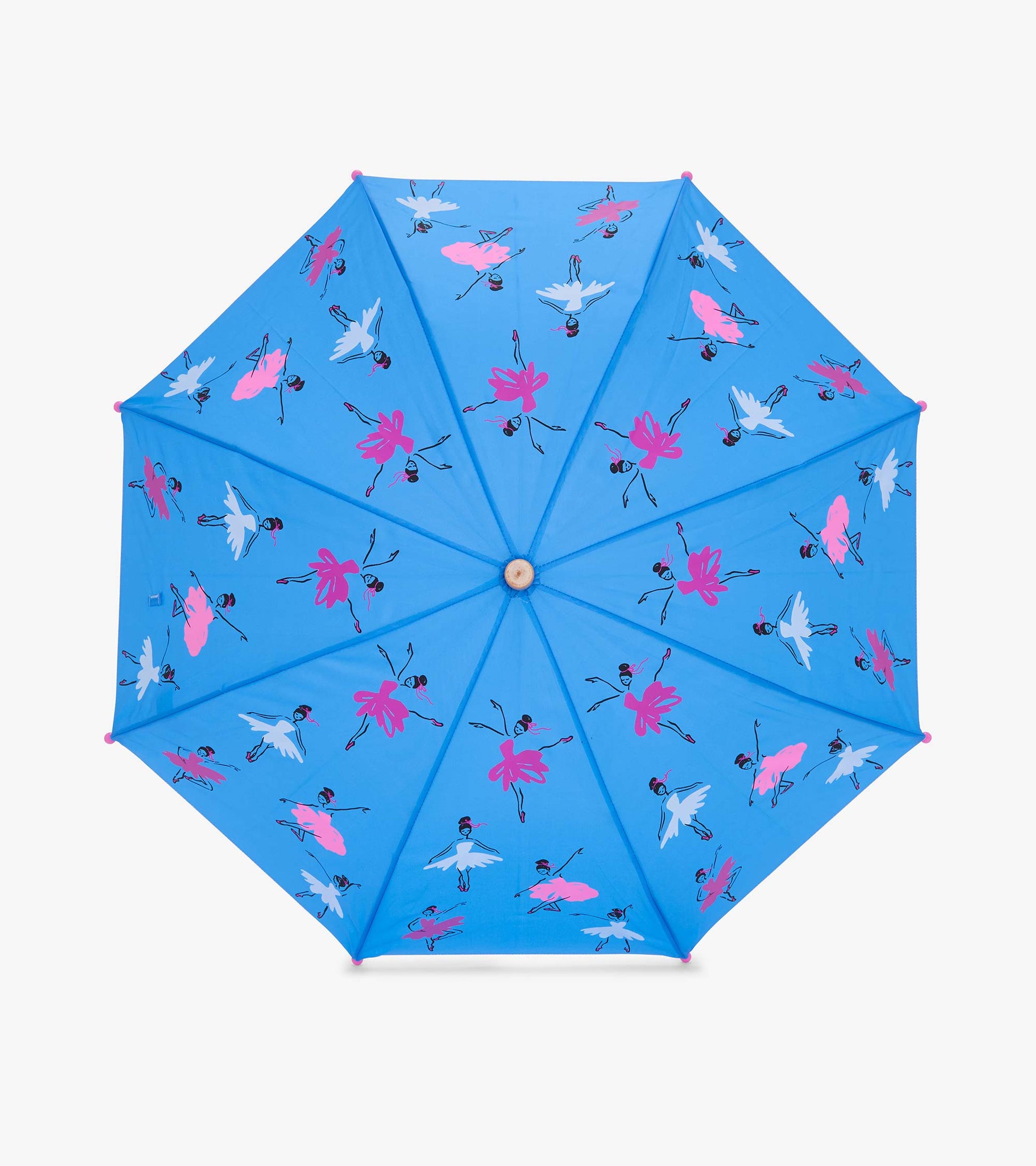 Blue umbrella featuring a playful ballet dancer and flower pattern in pink and white.