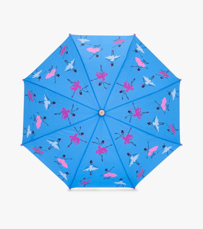 Blue umbrella featuring a playful ballet dancer and flower pattern in pink and white.