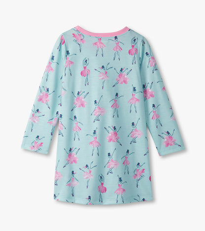 Light blue long sleeve nightdress featuring a ballet dancer print in pink and blue.