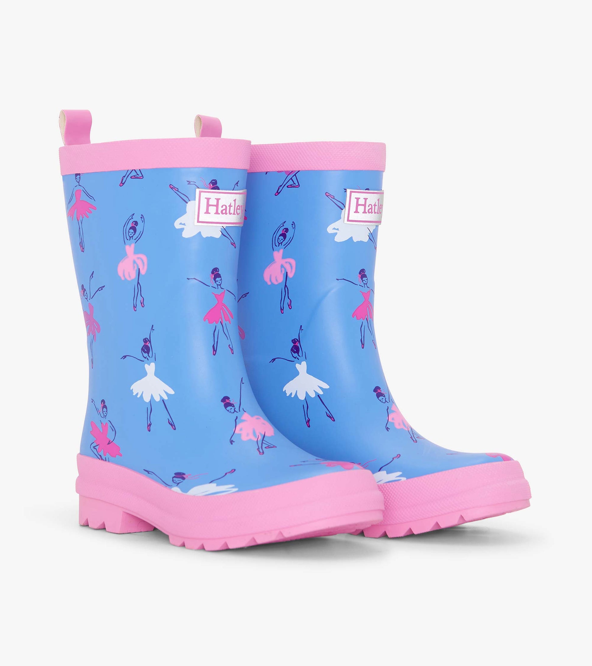 Blue matte rain boots with pink accents, featuring ballet dancer prints, designed for girls.