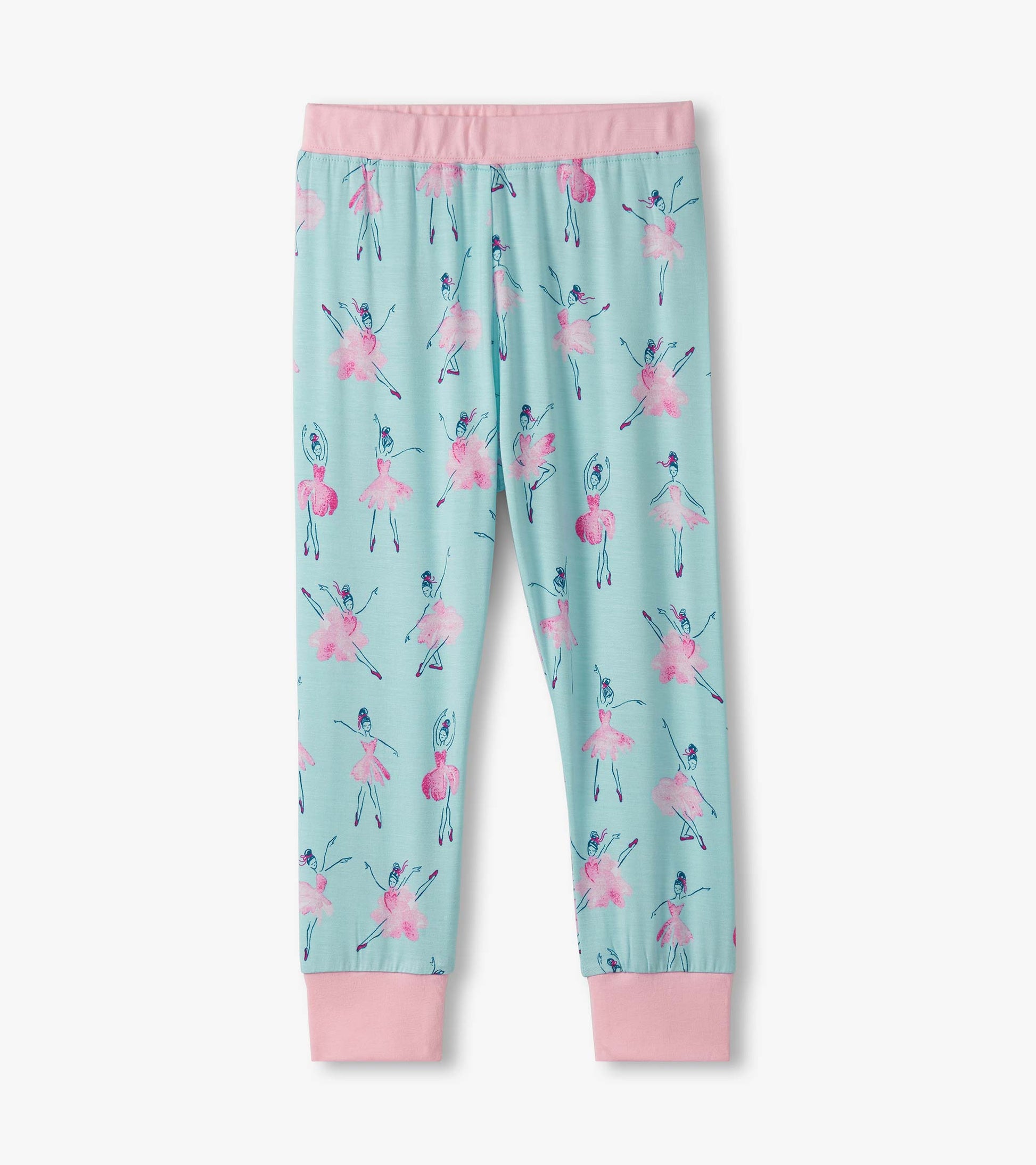 Light blue bamboo pajama set featuring colorful ballet dancer prints and pink cuffs, ideal for sleepwear.