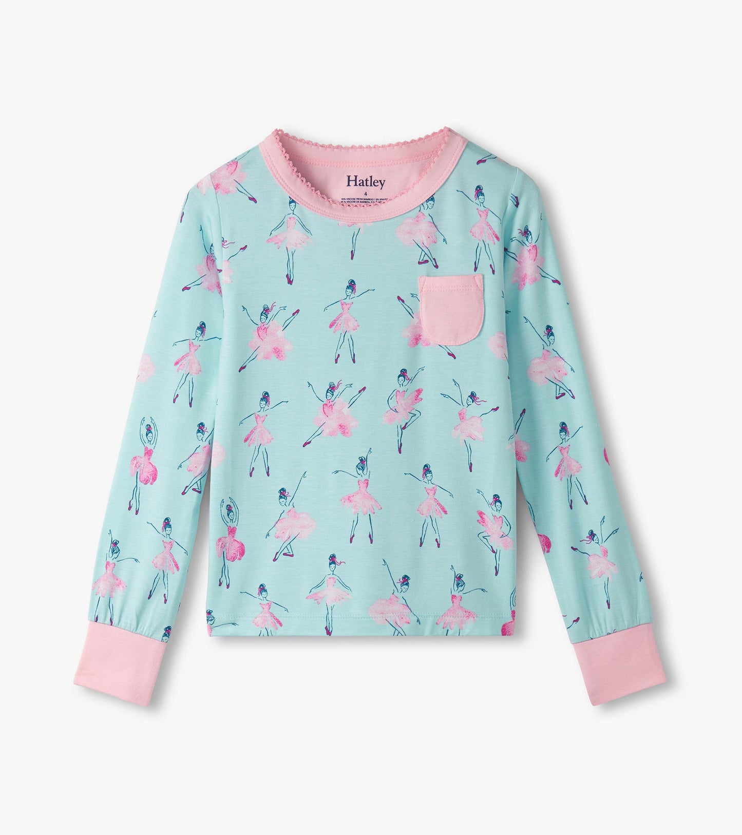 Light blue long-sleeve pajama top featuring pink ballet dancer prints and a pink pocket detail.