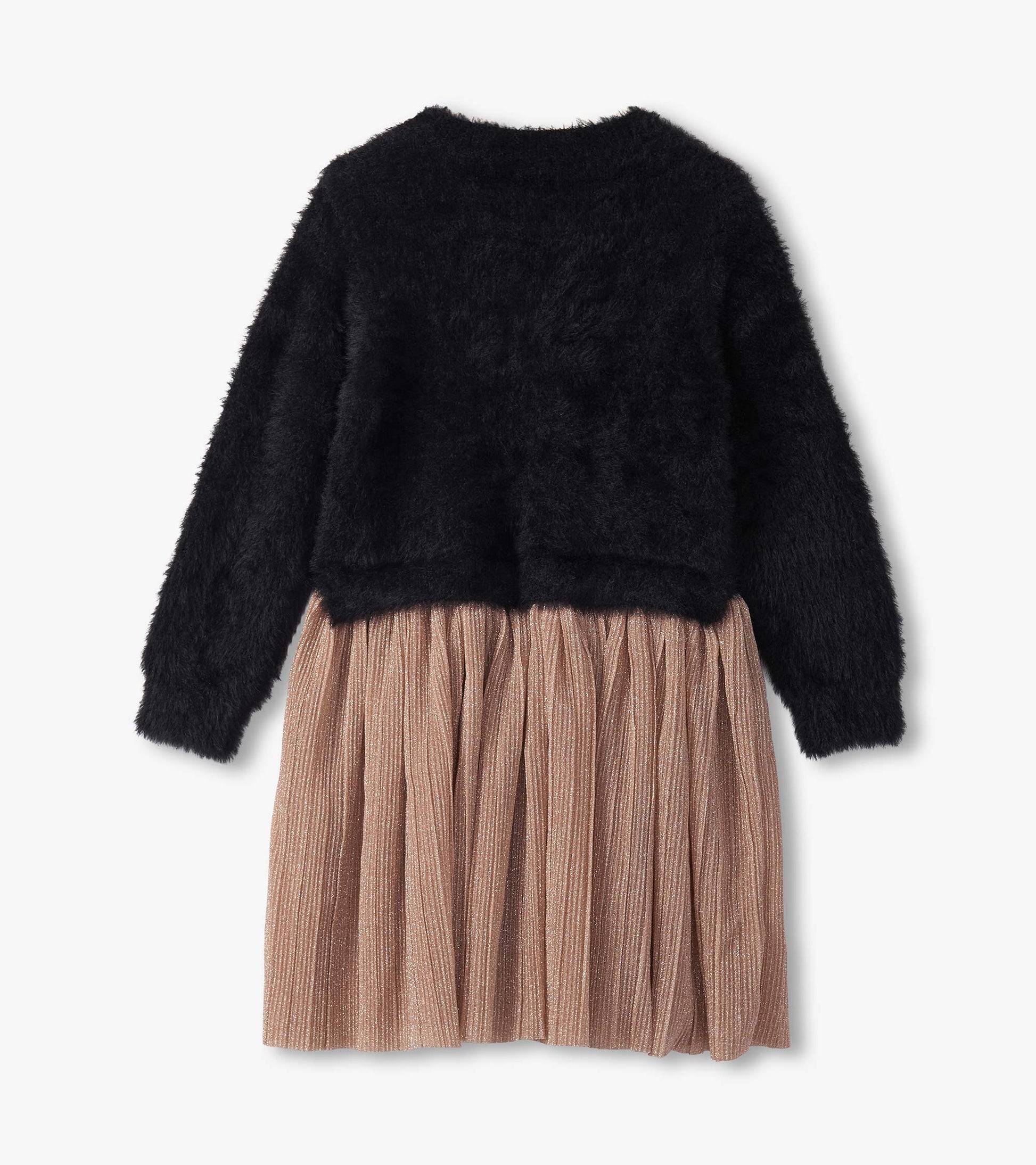Black fuzzy top with long sleeves paired with a pleated, shimmery rose gold skirt. Back view.
