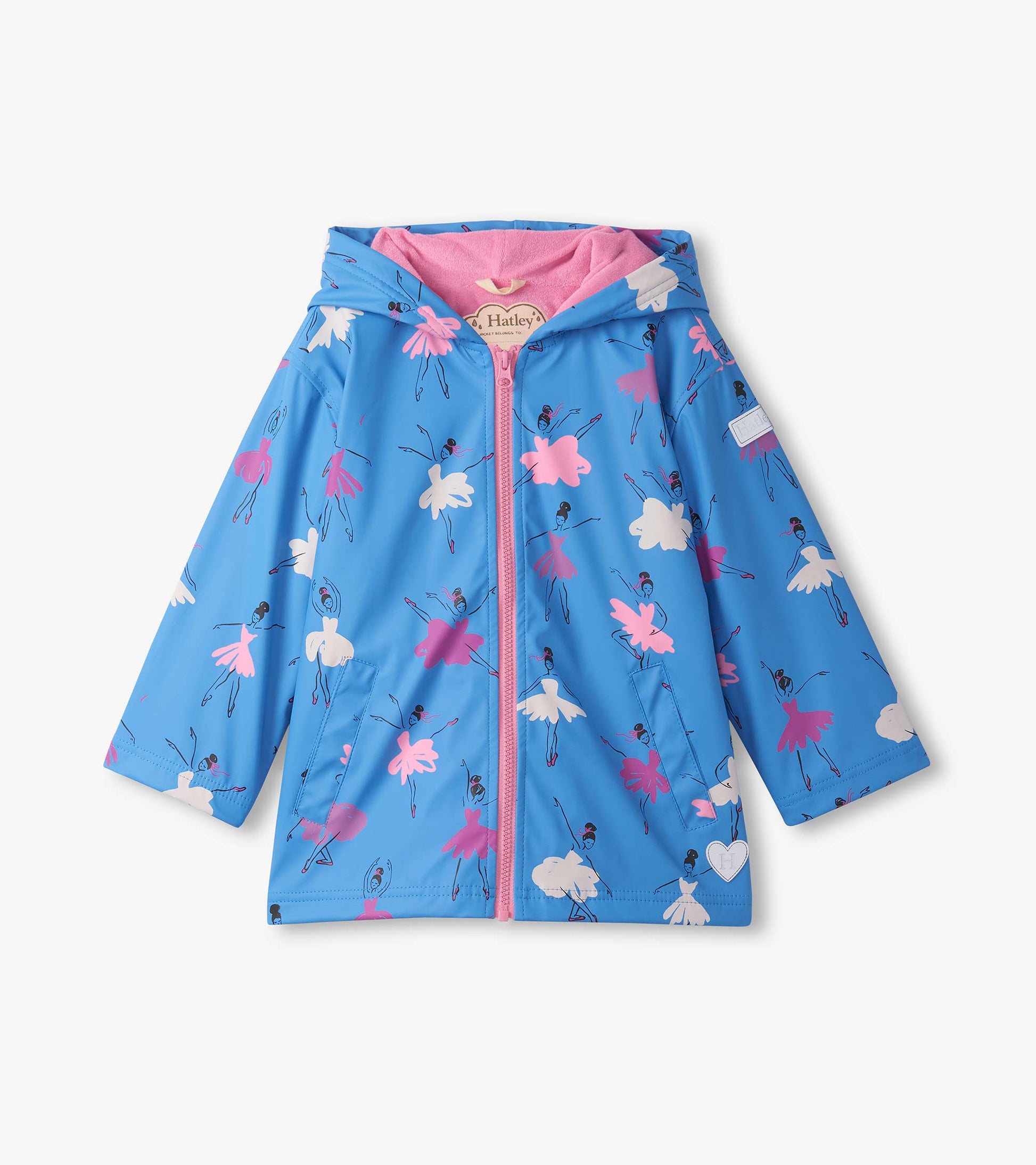 Blue zip-up rain jacket featuring colorful ballet dancer prints and a pink interior lining. Ideal for girls.