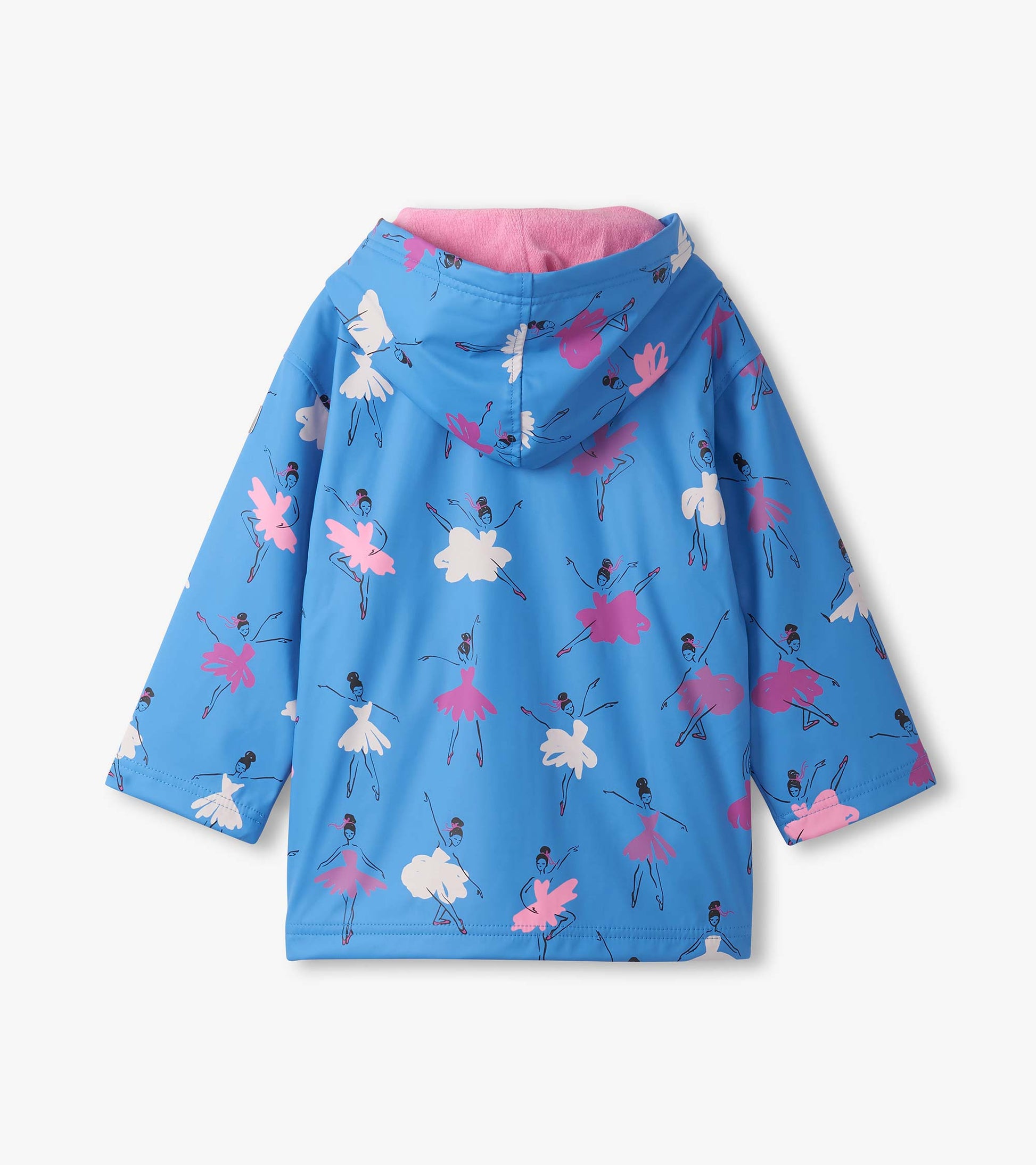 Blue zip-up rain jacket featuring colorful ballet dancer prints and a pink-lined hood. Suitable for girls.