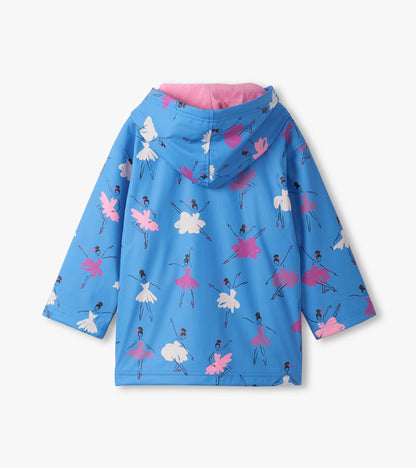 Blue zip-up rain jacket featuring colorful ballet dancer prints and a pink-lined hood. Suitable for girls.