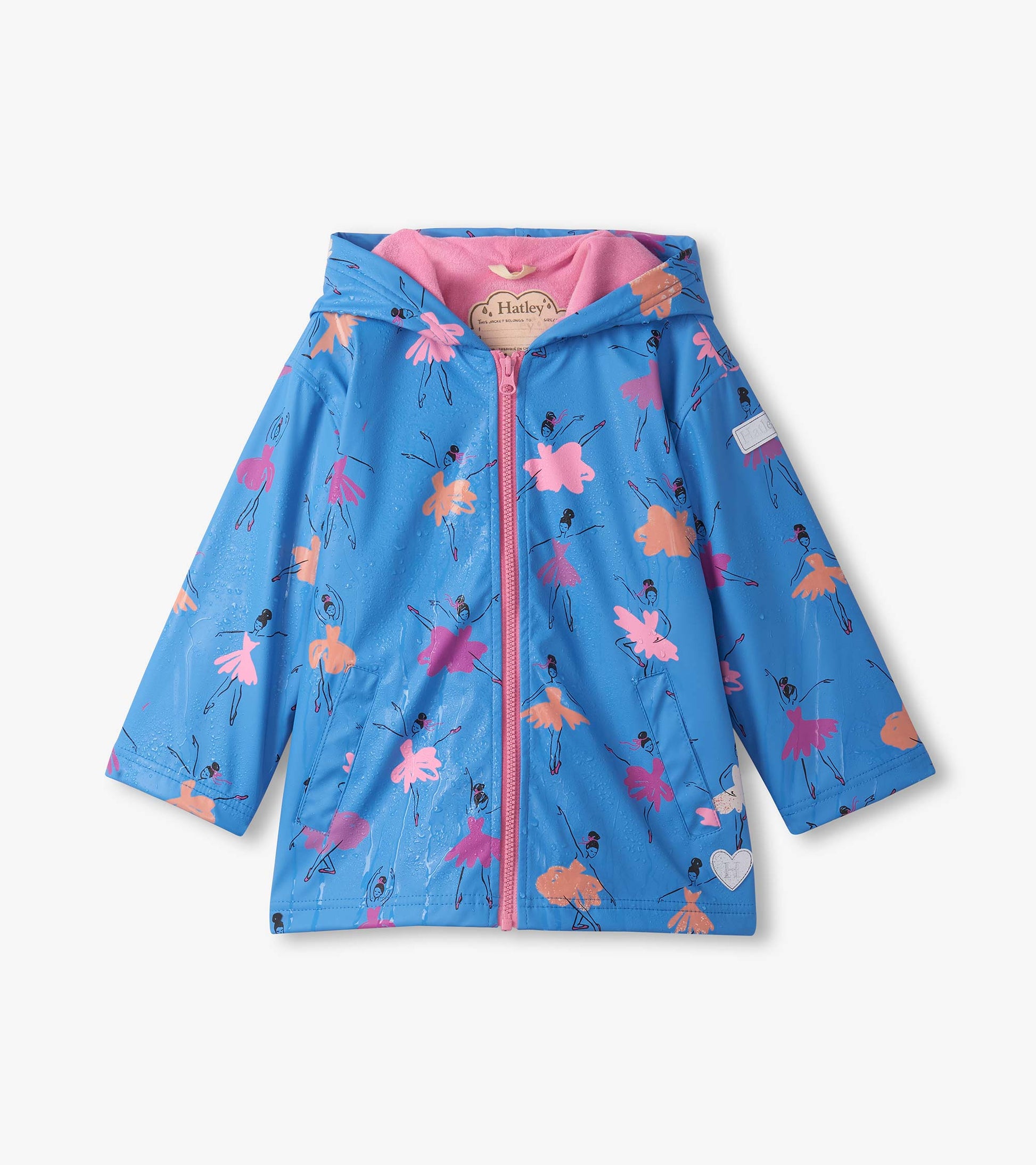 Blue zip-up rain jacket featuring colorful ballet dancer prints and a pink lining, designed for girls.