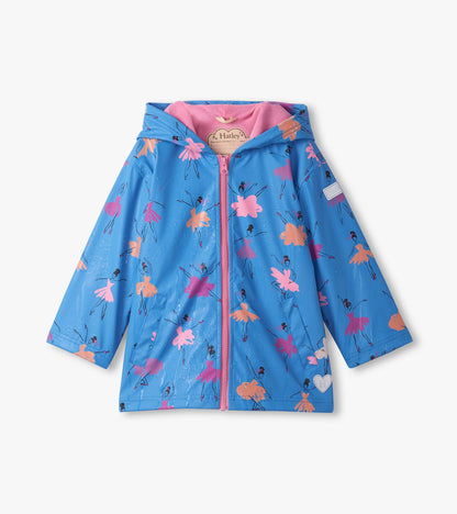Blue zip-up rain jacket featuring colorful ballet dancer prints and a pink lining, designed for girls.