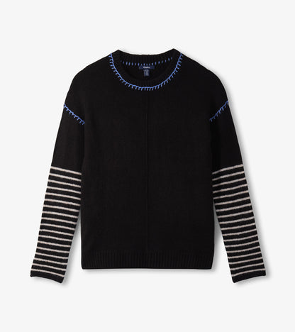 Black sweater featuring a solid body with striped sleeves and contrasting blue stitching along the neckline.