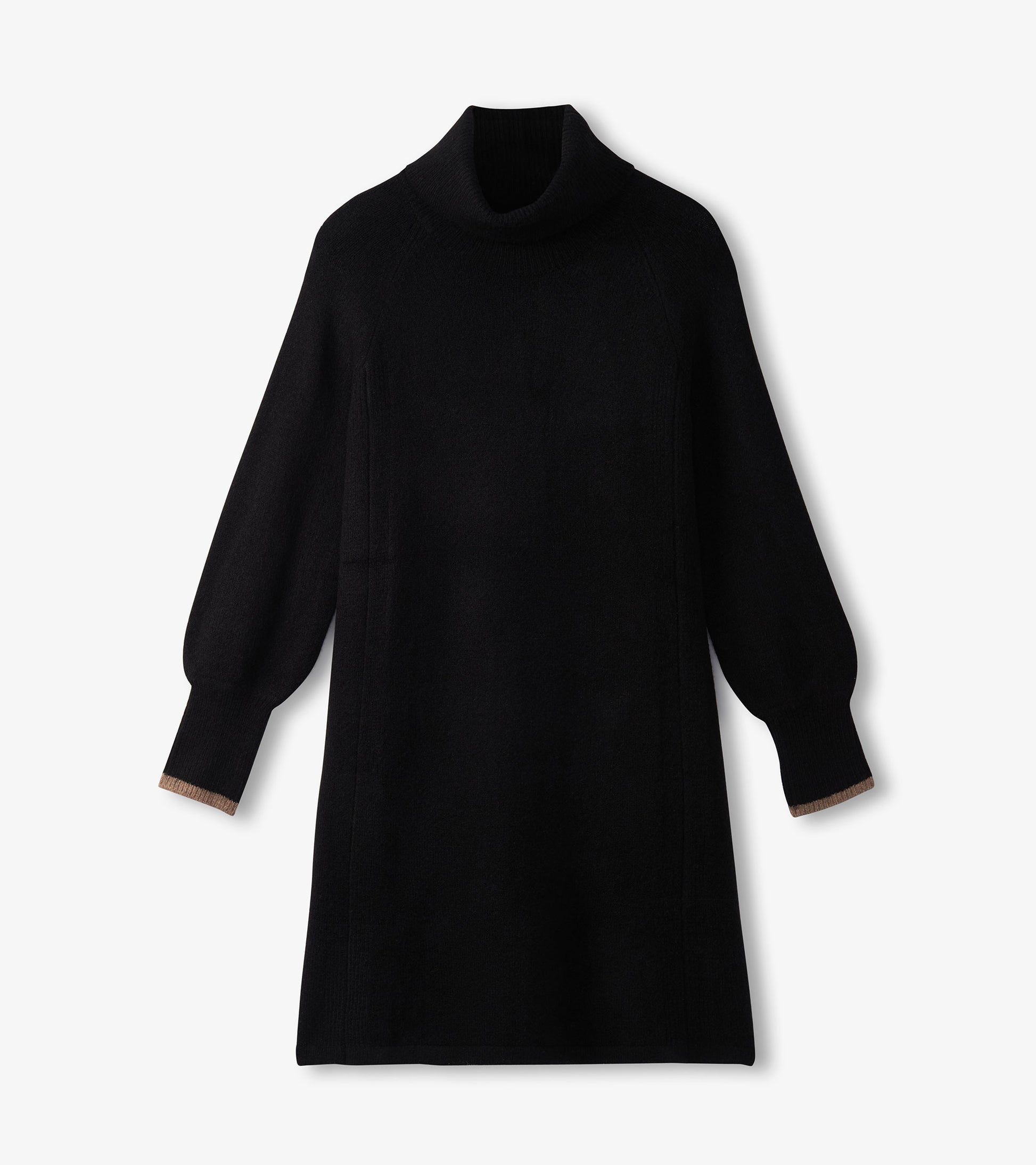 Black swing sweater dress with a high neck and puffed sleeves, featuring ribbed cuffs.