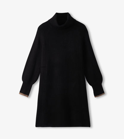 Black swing sweater dress with a high neck and puffed sleeves, featuring ribbed cuffs.