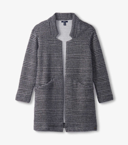 Black check open blazer with a relaxed fit, featuring a collar and two front pockets.