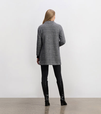 Black check open blazer with a relaxed fit, featuring long sleeves and a collar, viewed from the back.