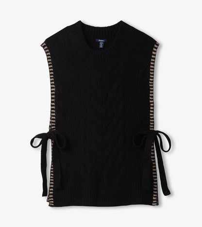 Black side-tie sweater vest featuring a cable knit design and striped trim along the sides.